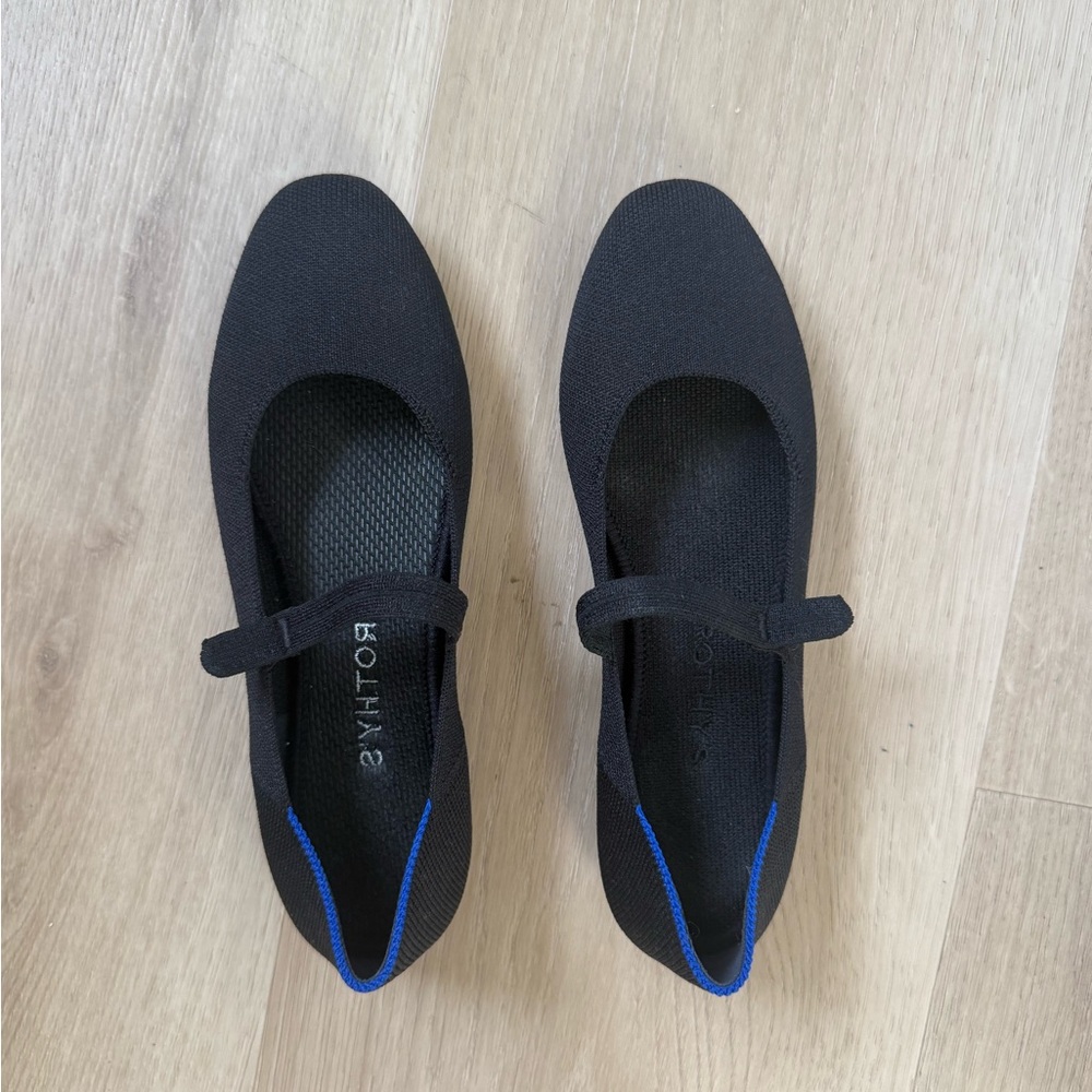 Rothy's Black Mary Jane Knit Flats with Blue Accent